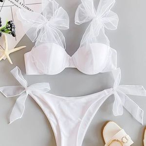 White Sheer Self Tie Bikini Swim Suit SHEIN